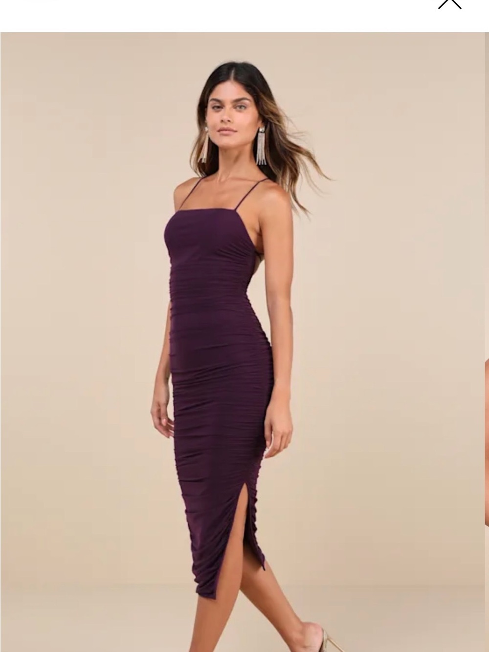 Lulu's Plum Ruched Spaghetti-Strap Midi Dress